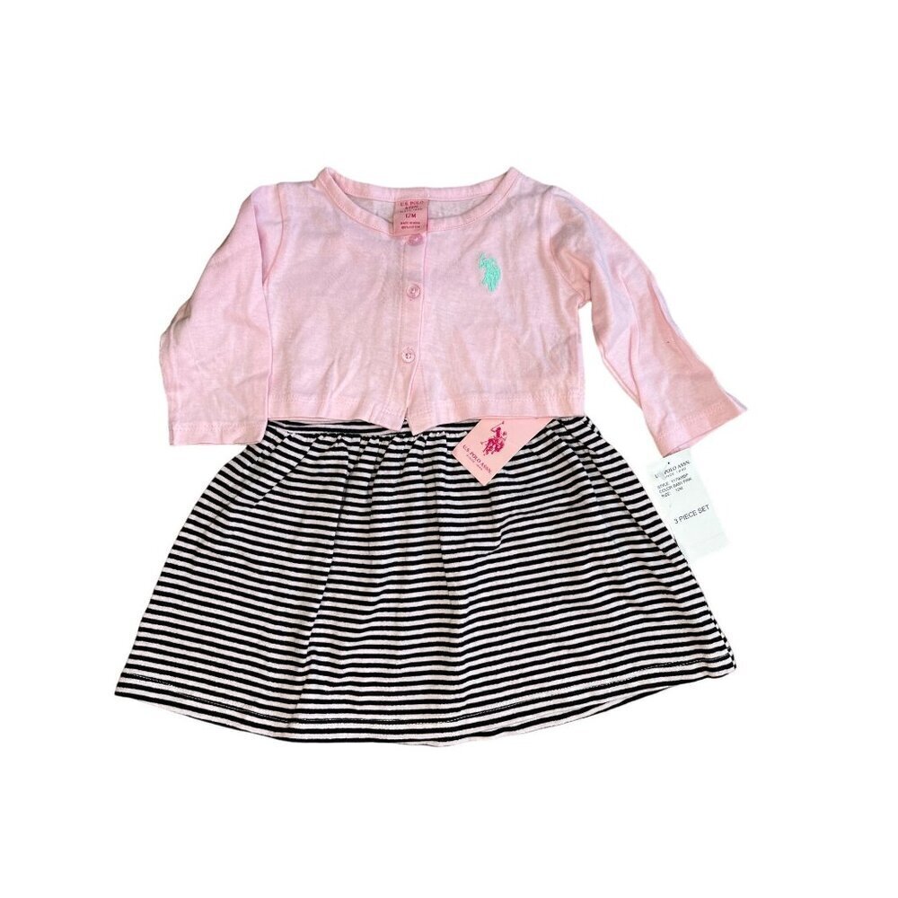 U.S. Polo Assn. Baby Girl's 2-Piece Dress Set Pink Cardigan Striped Dress 12M